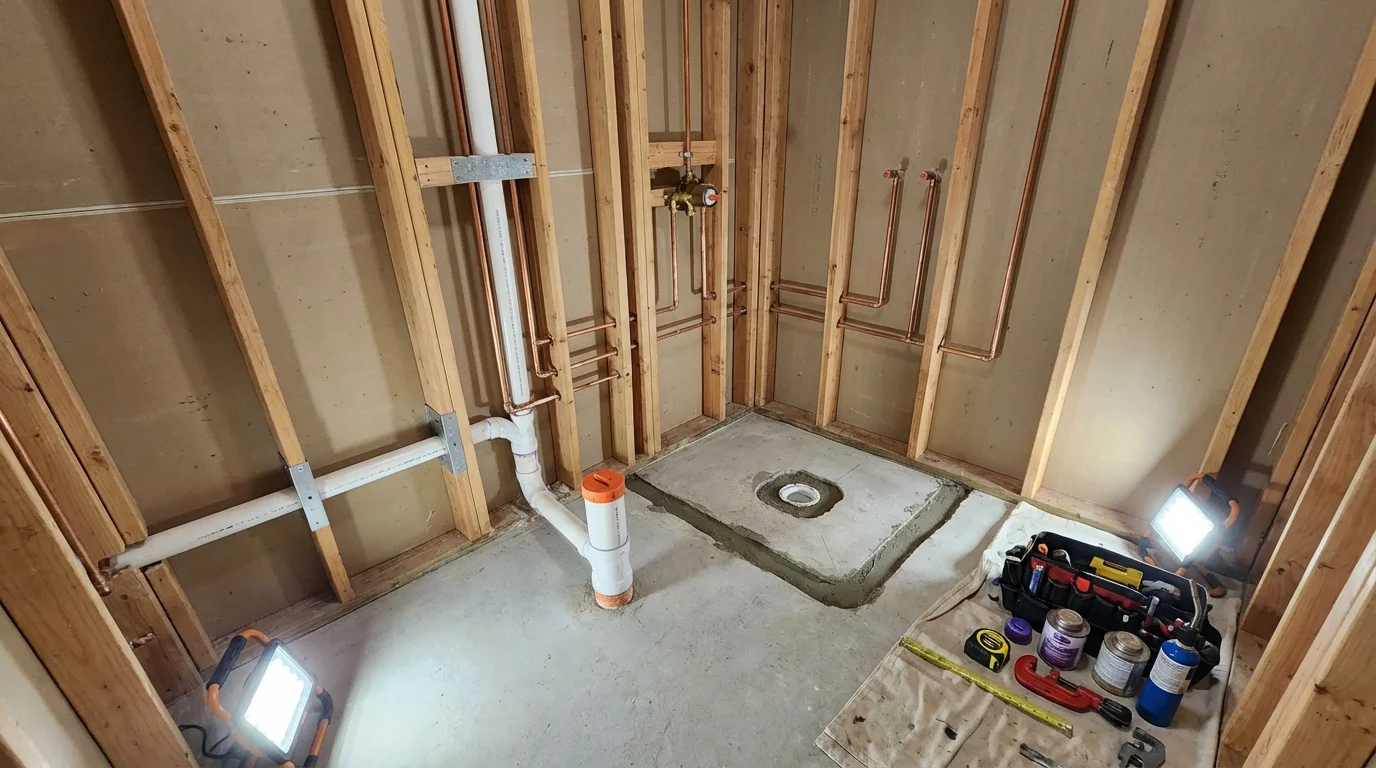 Bathroom rough-in plumbing during remodel by Johns Plumbing LLC in University Park