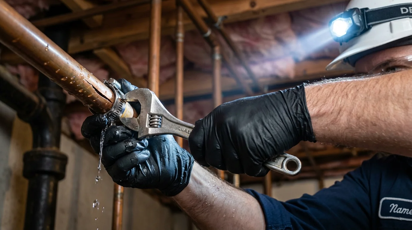 Emergency pipe clamp repair being performed by a Johns Plumbing LLC plumber in University Park