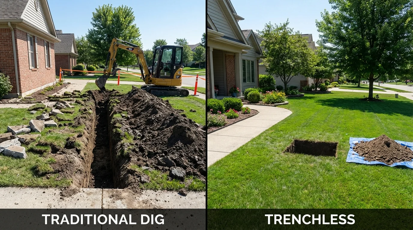 Trenchless sewer repair with minimal yard damage versus traditional excavation in University Park, IL