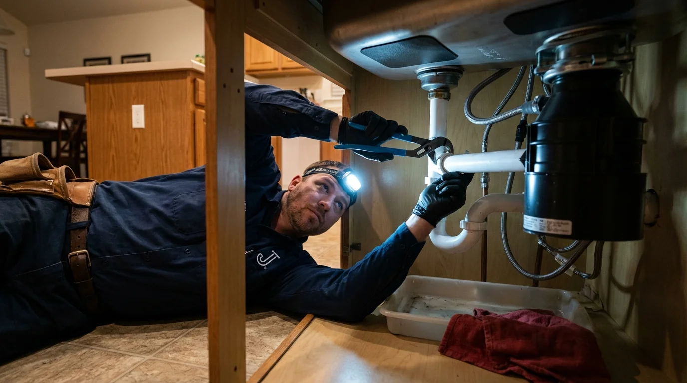 P-trap and supply line connections under a kitchen sink showing a common leak point in University Park, IL